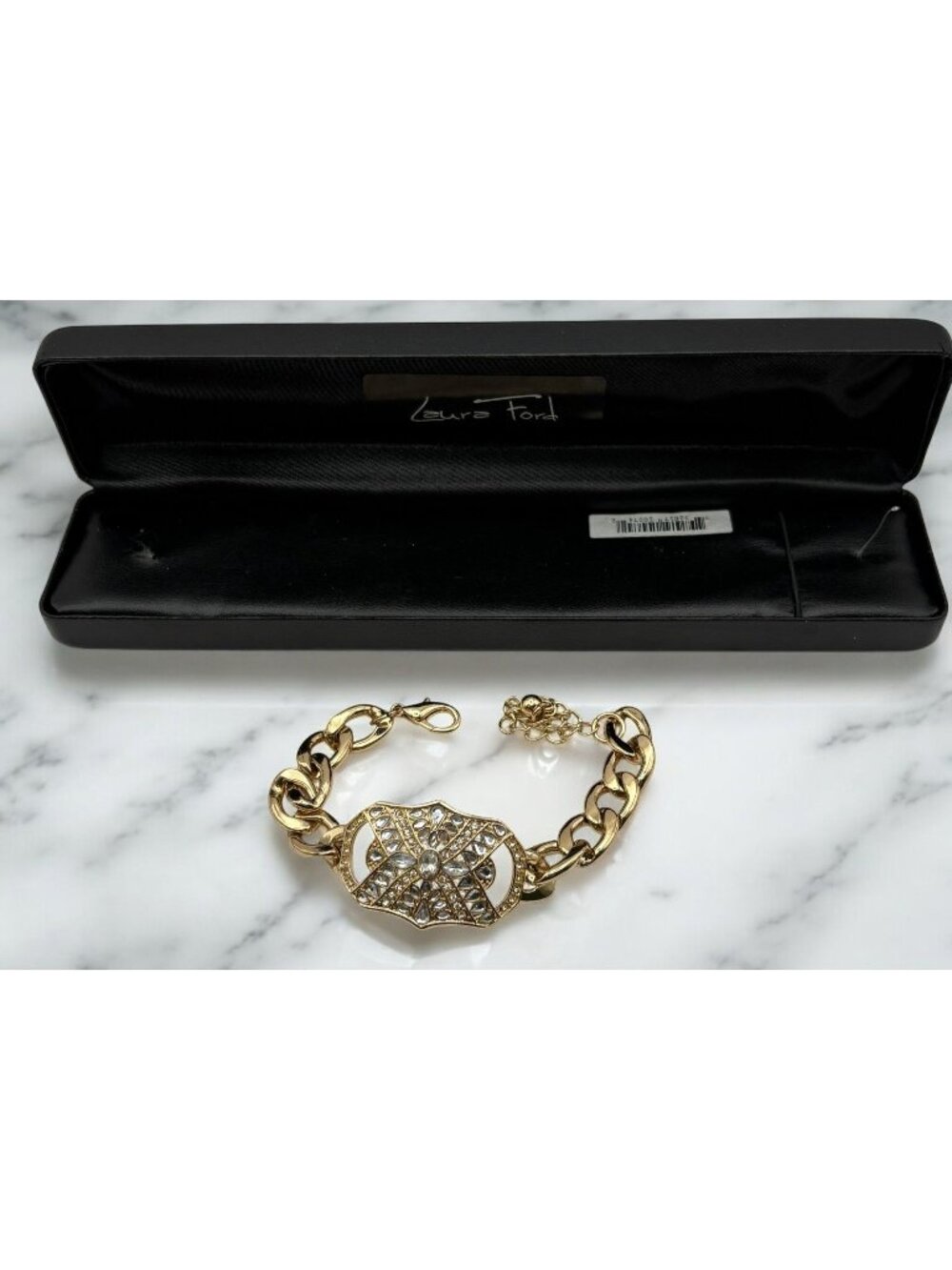 Laura Ford Gold Tone Rhinestone Chain Bracelet with Box Chunky Bold Statement